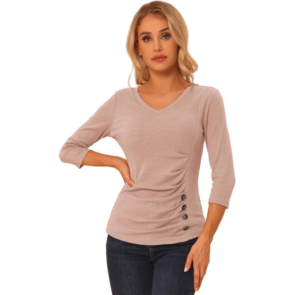 imageAllegra K Womens V Neck Blouse 34 Sleeves Solid Knitted Buttons Decor Ruched TopBeige Pink