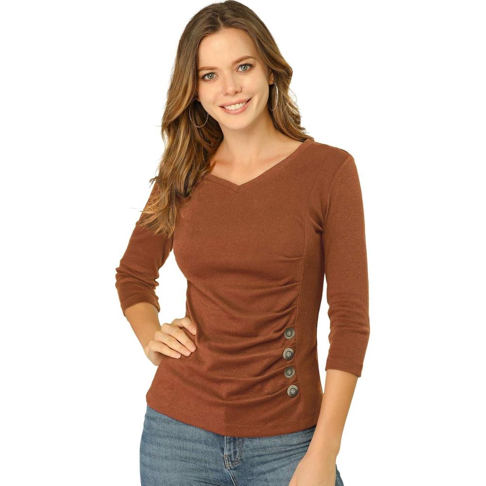 imageAllegra K Womens V Neck Blouse 34 Sleeves Solid Knitted Buttons Decor Ruched TopBrown