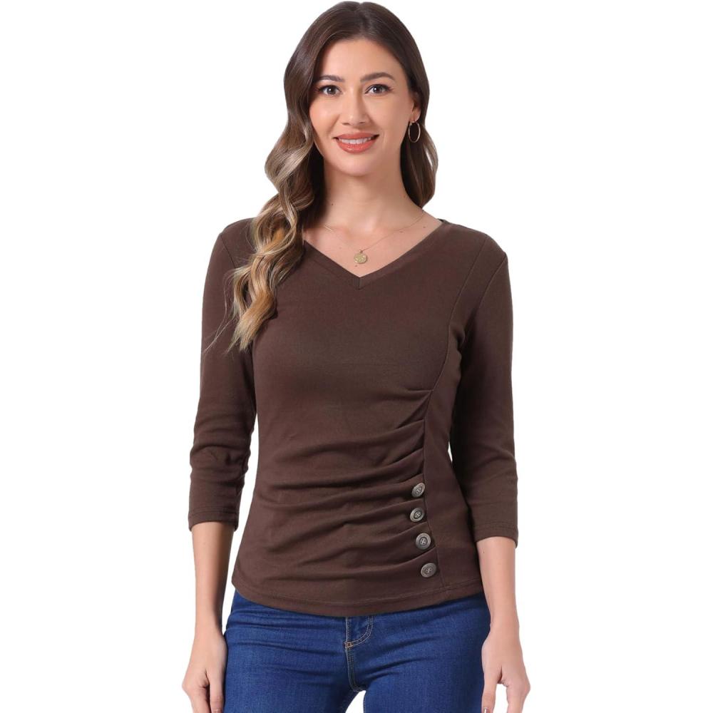 imageAllegra K Womens V Neck Blouse 34 Sleeves Solid Knitted Buttons Decor Ruched TopCoffee Brown
