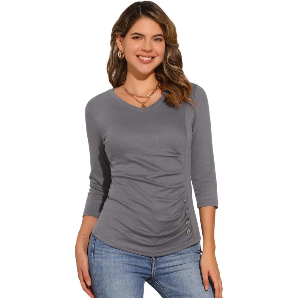 imageAllegra K Womens V Neck Blouse 34 Sleeves Solid Knitted Buttons Decor Ruched TopDark Grey