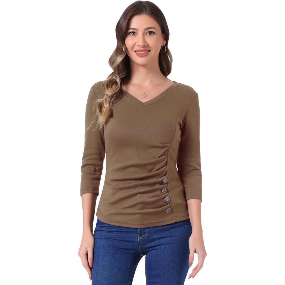 imageAllegra K Womens V Neck Blouse 34 Sleeves Solid Knitted Buttons Decor Ruched TopDark Khaki