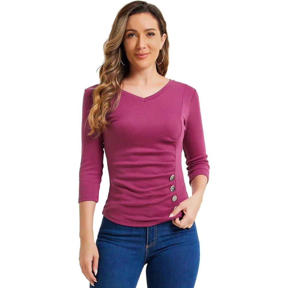 imageAllegra K Womens V Neck Blouse 34 Sleeves Solid Knitted Buttons Decor Ruched TopGrape Purple