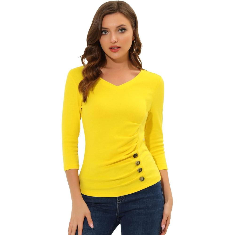 imageAllegra K Womens V Neck Blouse 34 Sleeves Solid Knitted Buttons Decor Ruched TopLemon Yellow