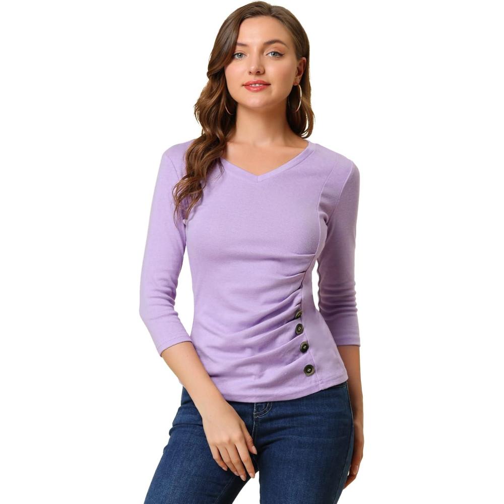 imageAllegra K Womens V Neck Blouse 34 Sleeves Solid Knitted Buttons Decor Ruched TopLight Purple