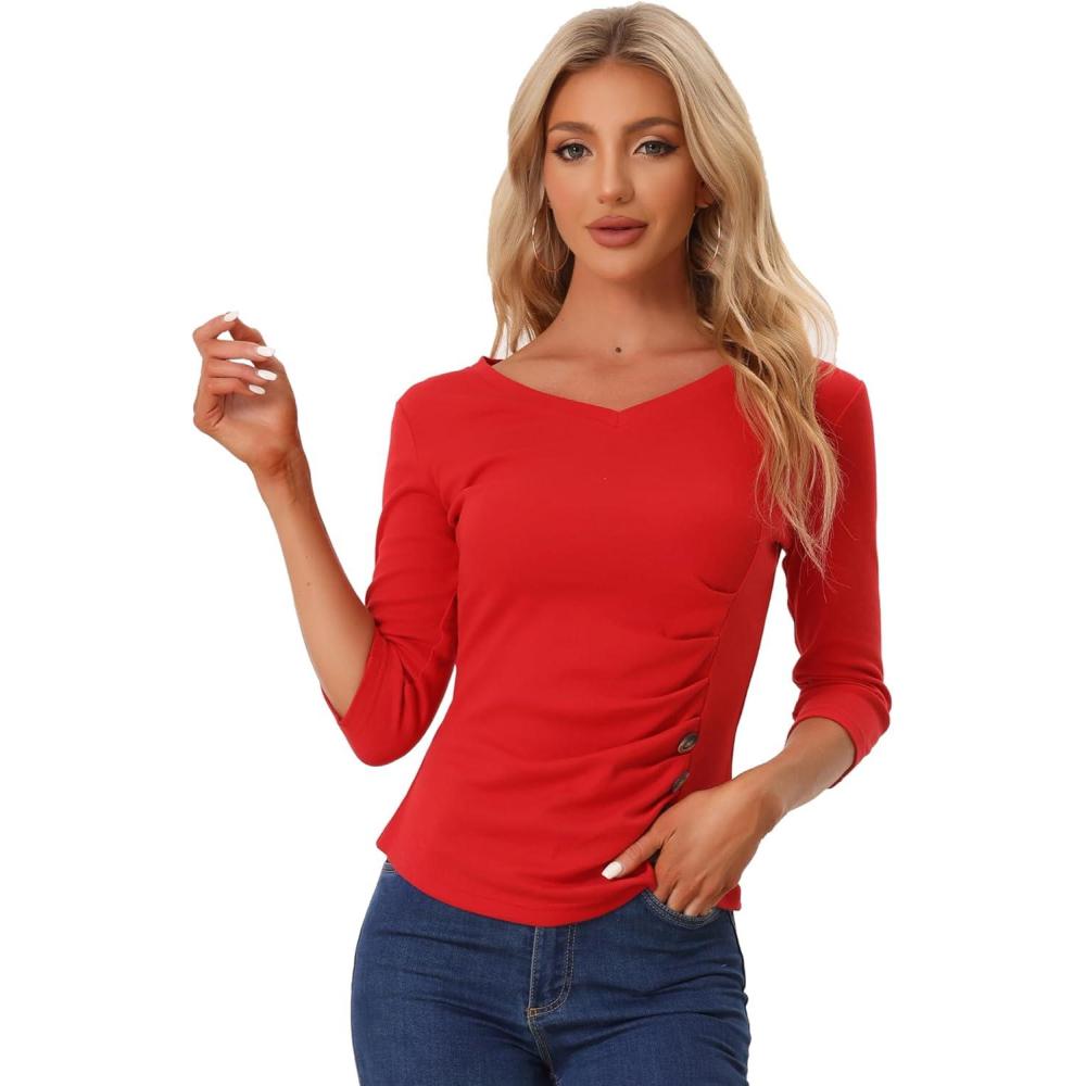 imageAllegra K Womens V Neck Blouse 34 Sleeves Solid Knitted Buttons Decor Ruched TopRed