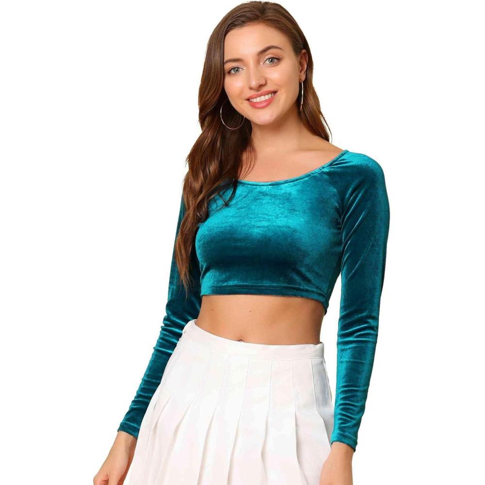 imageAllegra K Womens Velvet Long Sleeve Off Shoulder Solid Crop TopPeacock Blue