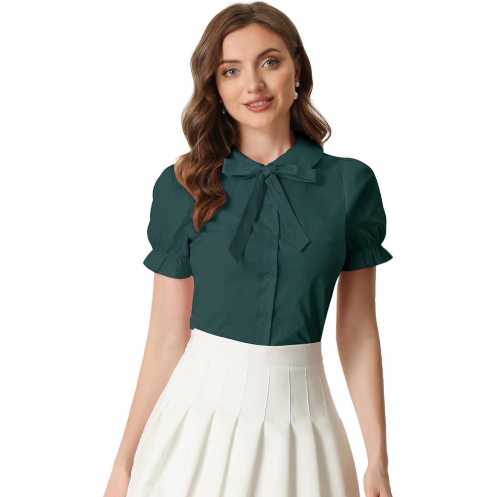 imageAllegra K Womens Vintage Peter Pan Collar Tie Neck Casual Cute Cotton ButtonUp ShirtDark Green
