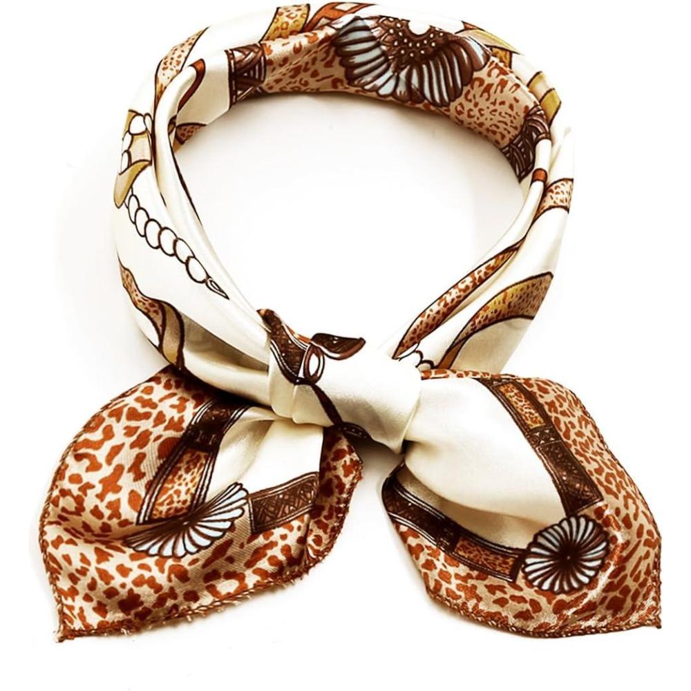 imageuxcell Women Small Square Scarf Scarves Leopard Printed Striped Polka Dots Pattern Kerchief NeckerchiefBeige Chain