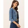 imageAllegra K Denim Jacket for Womens Collarless 2024 Cardigan Distresse 34 Sleeve Crop Jean JacketsBlue
