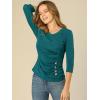 imageAllegra K Womens V Neck Blouse 34 Sleeves Solid Knitted Buttons Decor Ruched TopBlue Green