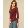 imageAllegra K Womens V Neck Blouse 34 Sleeves Solid Knitted Buttons Decor Ruched TopBurgundy