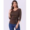 imageAllegra K Womens V Neck Blouse 34 Sleeves Solid Knitted Buttons Decor Ruched TopCoffee Brown