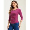 imageAllegra K Womens V Neck Blouse 34 Sleeves Solid Knitted Buttons Decor Ruched TopGrape Purple