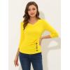 imageAllegra K Womens V Neck Blouse 34 Sleeves Solid Knitted Buttons Decor Ruched TopLemon Yellow