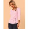 imageAllegra K Womens V Neck Blouse 34 Sleeves Solid Knitted Buttons Decor Ruched TopLight Pink