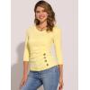 imageAllegra K Womens V Neck Blouse 34 Sleeves Solid Knitted Buttons Decor Ruched TopLight Yellow