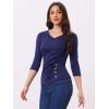 imageAllegra K Womens V Neck Blouse 34 Sleeves Solid Knitted Buttons Decor Ruched TopNavy Blue