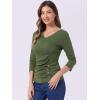 imageAllegra K Womens V Neck Blouse 34 Sleeves Solid Knitted Buttons Decor Ruched TopOlive Green