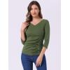 imageAllegra K Womens V Neck Blouse 34 Sleeves Solid Knitted Buttons Decor Ruched TopOlive Green