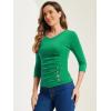 imageAllegra K Womens V Neck Blouse 34 Sleeves Solid Knitted Buttons Decor Ruched TopShamrock Green