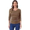 imageAllegra K Womens V Neck Blouse 34 Sleeves Solid Knitted Buttons Decor Ruched TopDark Khaki