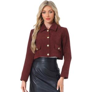 imageAllegra K Button Blazer for Womens Short Suit Collared Crop Tweed JacketWine Red