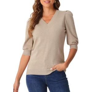 imageAllegra K Sweater Tops for Women Puff Short Sleeve V Neck Trendy Business Casual Summer t Shirt BlousesApricot