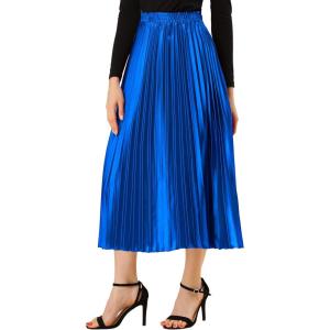 imageAllegra K Women Pleated Skirt Midi Length Elastic High Waisted A Line Metallic Shirring Party SkirtsRoyal Blue