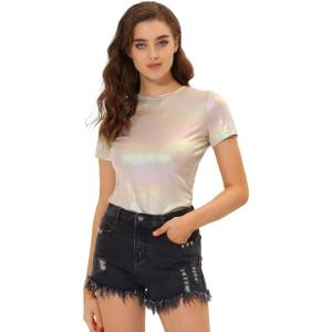 imageAllegra K Womens 80s Disco Outfit Party Club Sparkly Rainbow Metallic TopBeige