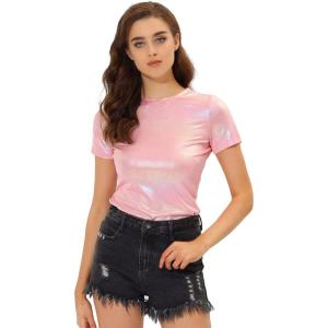 imageAllegra K Womens 80s Disco Outfit Party Club Sparkly Rainbow Metallic TopLight Pink