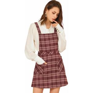 imageAllegra K Womens Christmas Plaid Tartan Skirt Button Decor ALine Pinafore Overall DressBurgundy