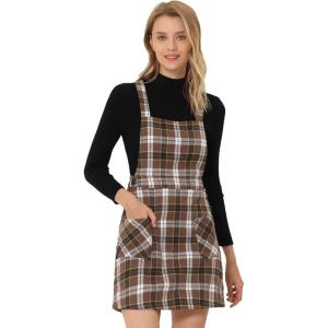 imageAllegra K Womens Christmas Plaid Tartan Skirt Button Decor ALine Pinafore Overall DressDeep Brown