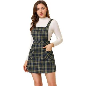 imageAllegra K Womens Christmas Plaid Tartan Skirt Button Decor ALine Pinafore Overall DressNavy Blue