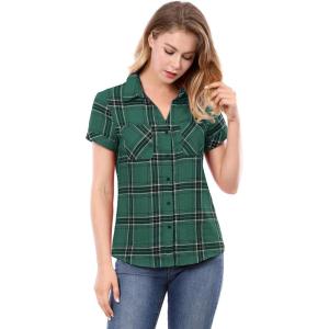imageAllegra K Womens Cotton Classic Button Down Western Plaid ShirtGreen