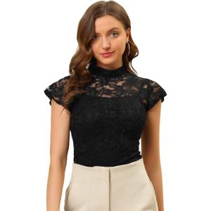 imageAllegra K Womens Elegant Floral Lace Blouse Short Sleeve Keyhole Back Fitted Semi Sheer TopBlack