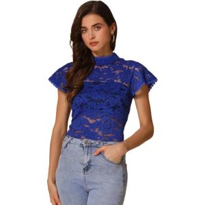 imageAllegra K Womens Elegant Floral Lace Blouse Short Sleeve Keyhole Back Fitted Semi Sheer TopDark Blue
