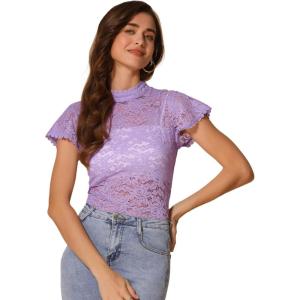 imageAllegra K Womens Elegant Floral Lace Blouse Short Sleeve Keyhole Back Fitted Semi Sheer TopLight Purple