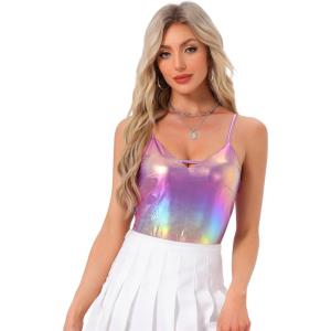 imageAllegra K Womens Metallic Shiny Halloween Party Tank Top Sleeveless Deep V Neck Camisole TopsPink Purple
