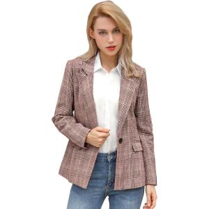 imageAllegra K Womens Notched Lapel One Button Boyfriend Blazer Suit Houndstooth Work Office Blazers JacketBurgundy