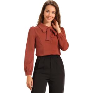 imageAllegra K Womens Peter Pan Collar Blouse Bow Tie Neck Vintage Casual Office Button Up ShirtBrick Red
