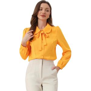imageAllegra K Womens Peter Pan Collar Blouse Bow Tie Neck Vintage Casual Office Button Up ShirtBright Yellow