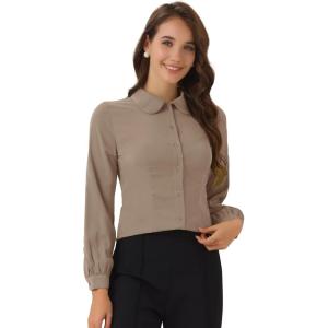 imageAllegra K Womens Peter Pan Collar Blouse Business Casual Long Sleeve Button Down Work ShirtCoffee