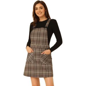imageAllegra K Womens Plaid Overall Dress Vintage Checkered Suspender Skirt Short Pinafore DressBrown