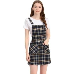 imageAllegra K Womens Plaid Overall Dress Vintage Checkered Suspender Skirt Short Pinafore DressNavy Blue