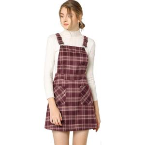 imageAllegra K Womens Plaid Overall Dress Vintage Checkered Suspender Skirt Short Pinafore DressRed