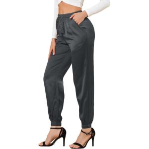 imageAllegra K Womens Satin Pants Drawstring Elastic Waist Straight Leg Ankle Length Dressy Joggers with PocketDark Grey
