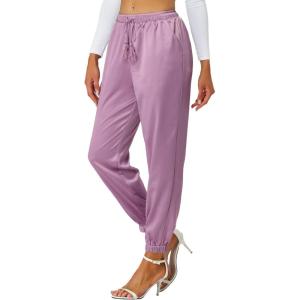 imageAllegra K Womens Satin Pants Drawstring Elastic Waist Straight Leg Ankle Length Dressy Joggers with PocketDull Purple