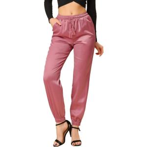 imageAllegra K Womens Satin Pants Drawstring Elastic Waist Straight Leg Ankle Length Dressy Joggers with PocketDusty Pink