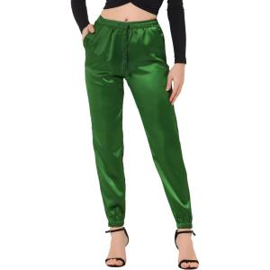 imageAllegra K Womens Satin Pants Drawstring Elastic Waist Straight Leg Ankle Length Dressy Joggers with PocketGreen