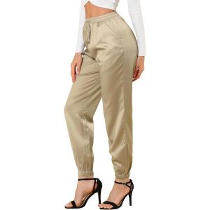 imageAllegra K Womens Satin Pants Drawstring Elastic Waist Straight Leg Ankle Length Dressy Joggers with PocketKhaki
